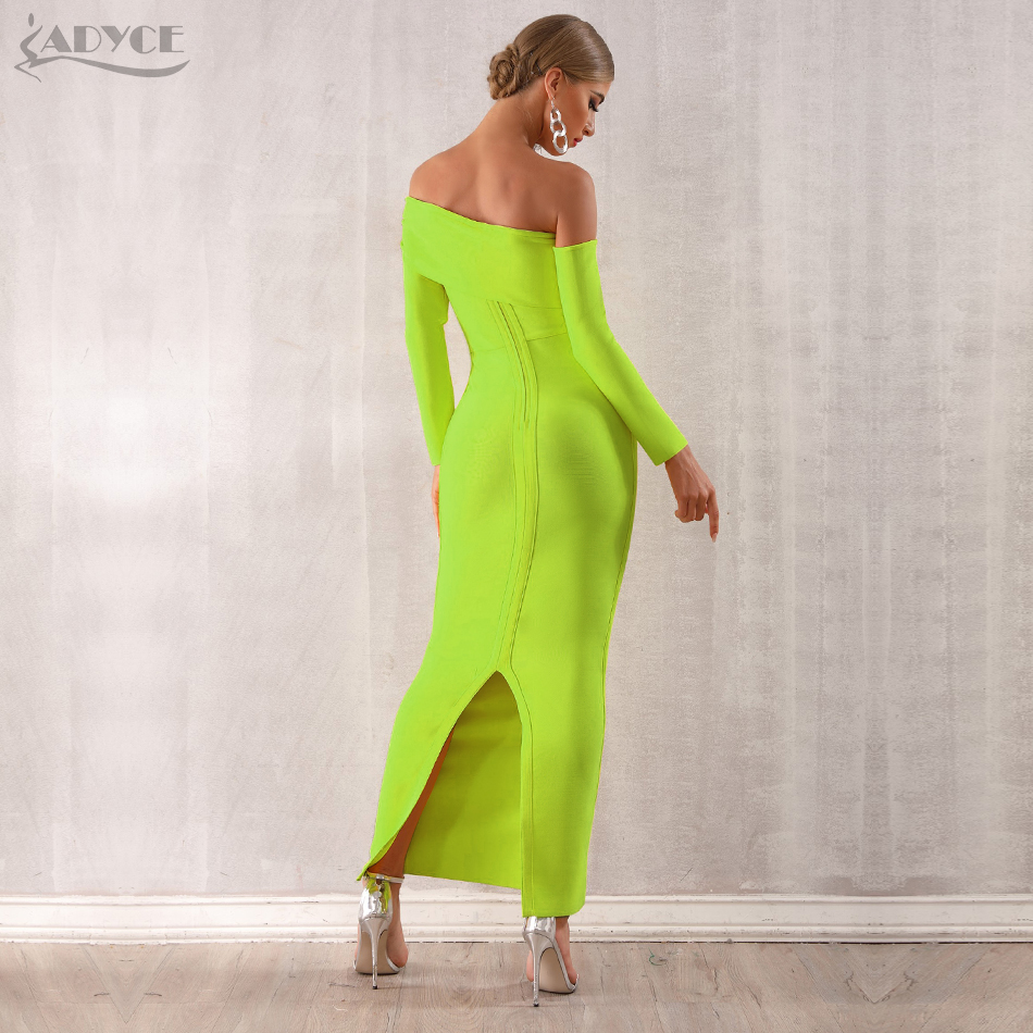   New Winter Sexy Women Bandage Dress Vestidos Long Sleeve Yellow Green Off Shoulder Maxi Celebrity Evening Party Dress