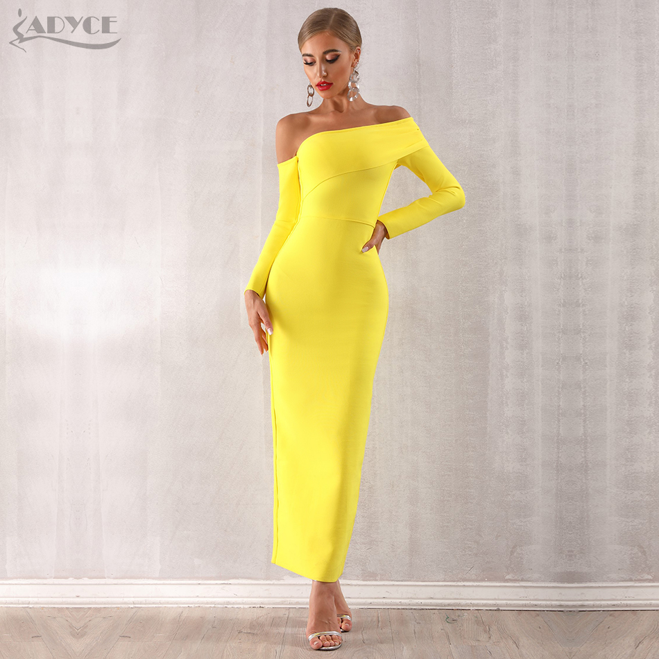   New Winter Sexy Women Bandage Dress Vestidos Long Sleeve Yellow Green Off Shoulder Maxi Celebrity Evening Party Dress