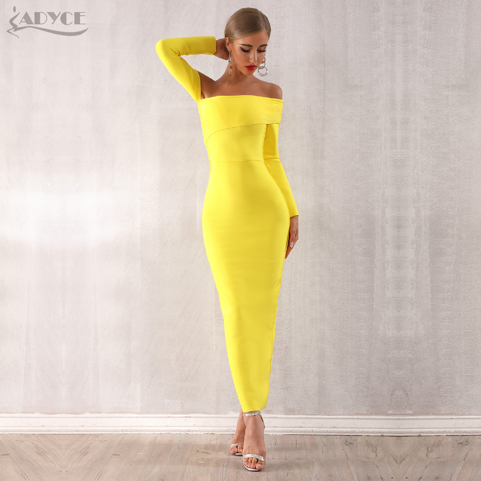   New Winter Sexy Women Bandage Dress Vestidos Long Sleeve Yellow Green Off Shoulder Maxi Celebrity Evening Party Dress