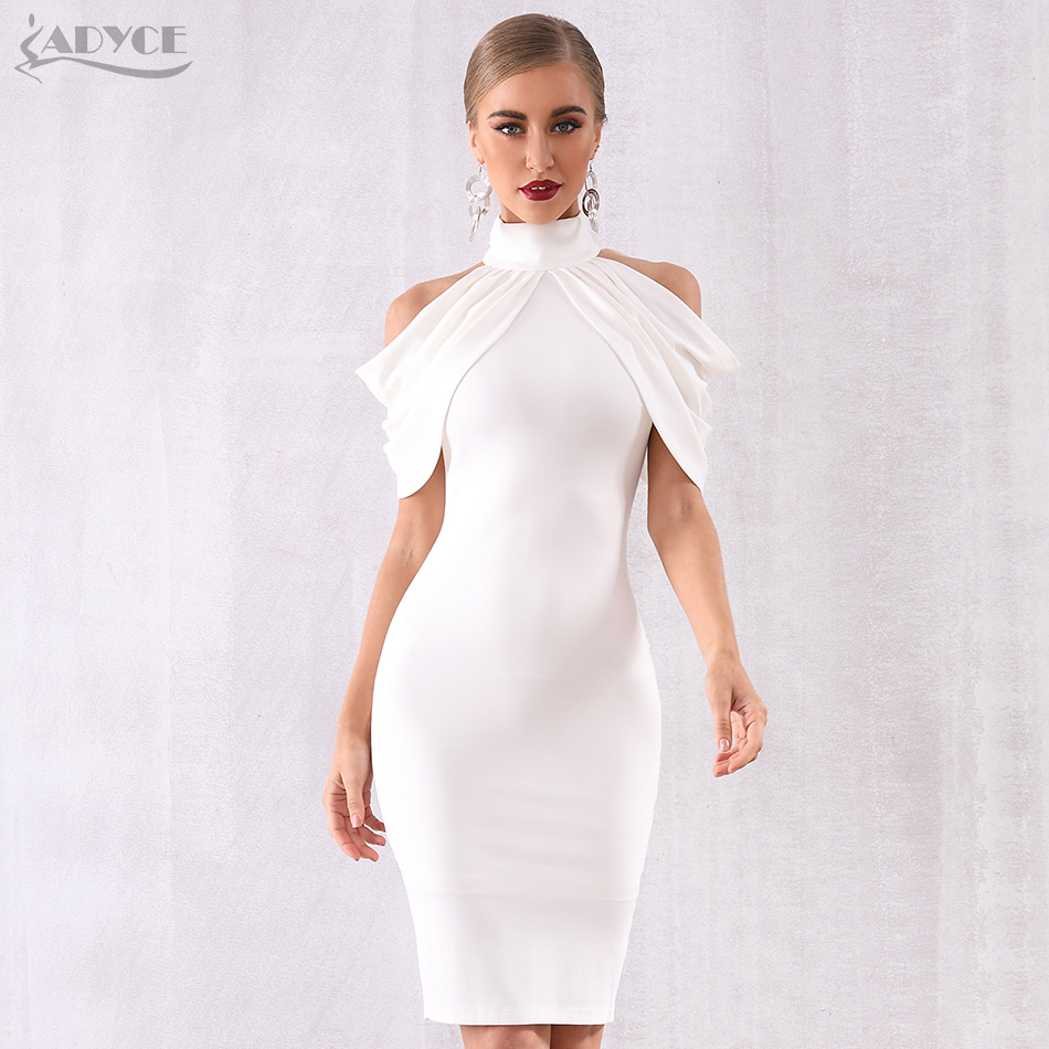   New Summer Celebrity Evening Party Dress Women Elegant White Off Shoulder Sexy Draped Halter Bodycon Midi Club Dress
