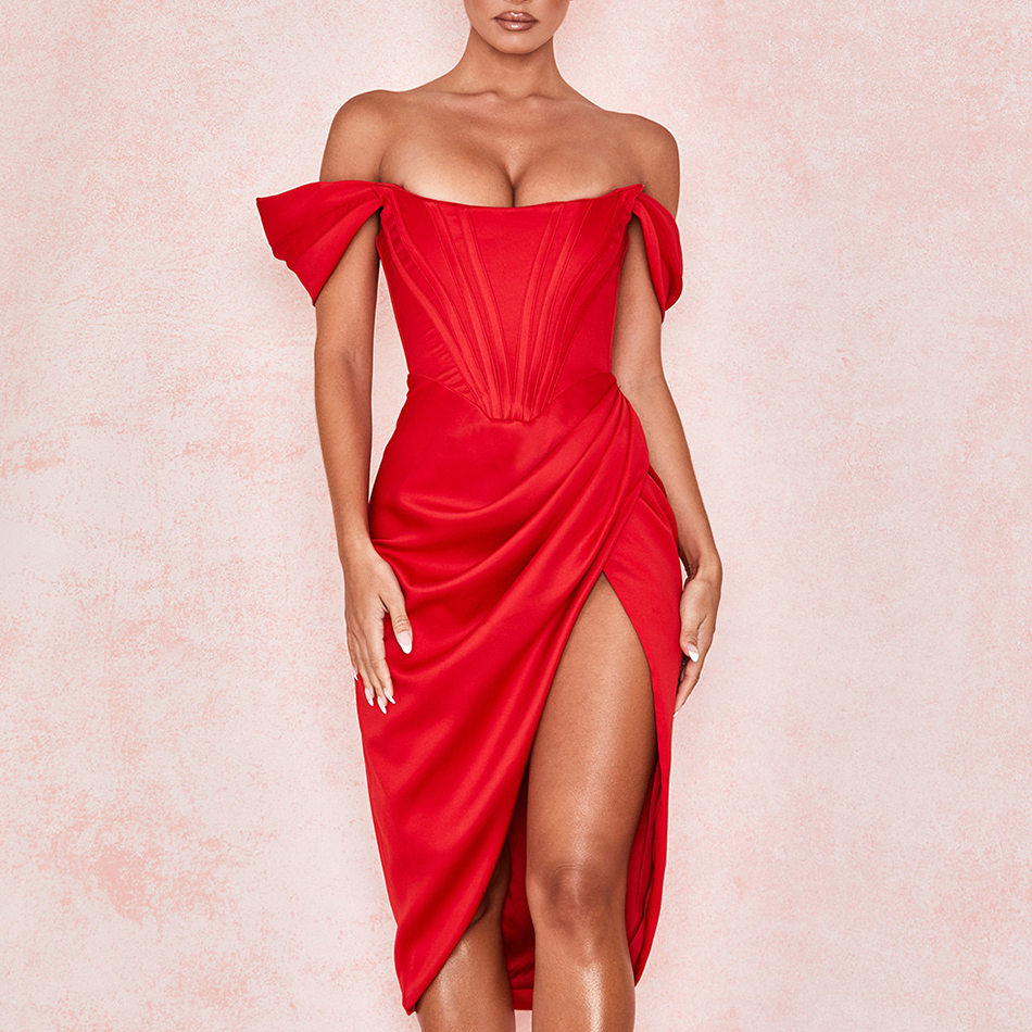  New Summer Red Off Shoulder Celebrity Evening Party Dress Women Sexy Short Sleeve Strapless Bodycon Club Dresses Vestidos