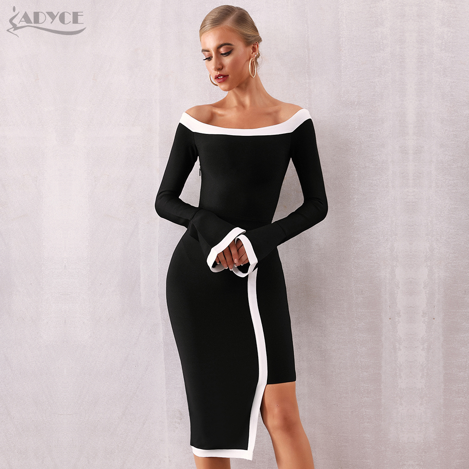   New Autumn Bandage Dress Women Vestidos Sexy Slash Neck Long Sleeve Off Shoulder Club Celebrity Evening Party Dress