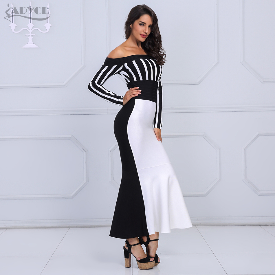   Chic Summer Women Bandage Dress Sexy Black&White Long Sleeve Striped Slash Neck Evening Party Dress Vestidos