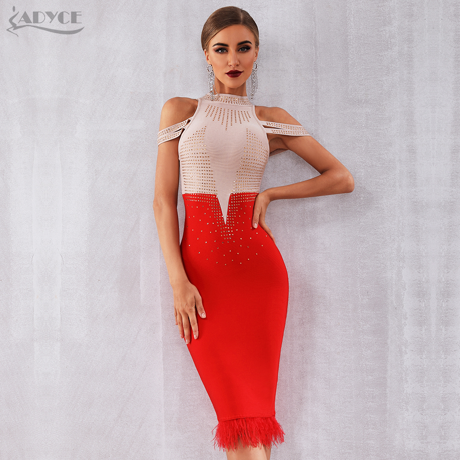   New Summer Bandage Dress Women Elegant Red Off Shoulder Sexy Feather Bodycon Club Beading Dress Celebrity Party Dress