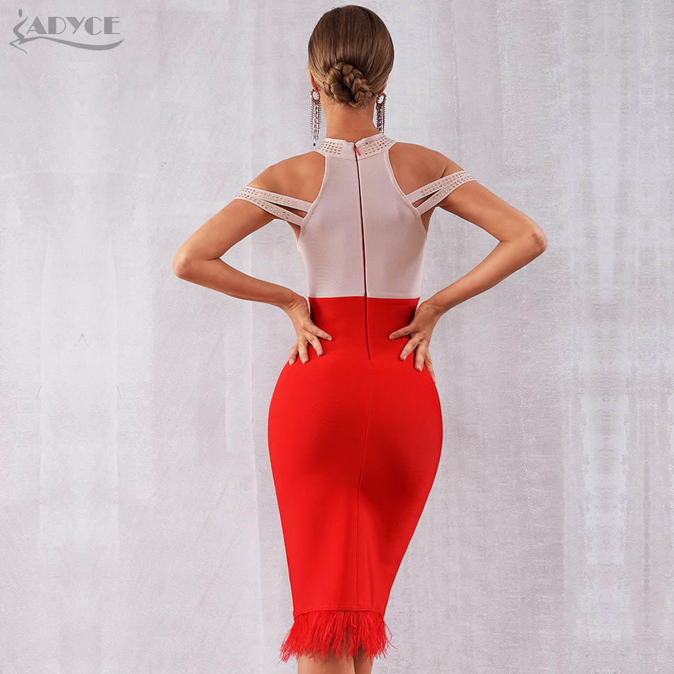   New Summer Bandage Dress Women Elegant Red Off Shoulder Sexy Feather Bodycon Club Beading Dress Celebrity Party Dress