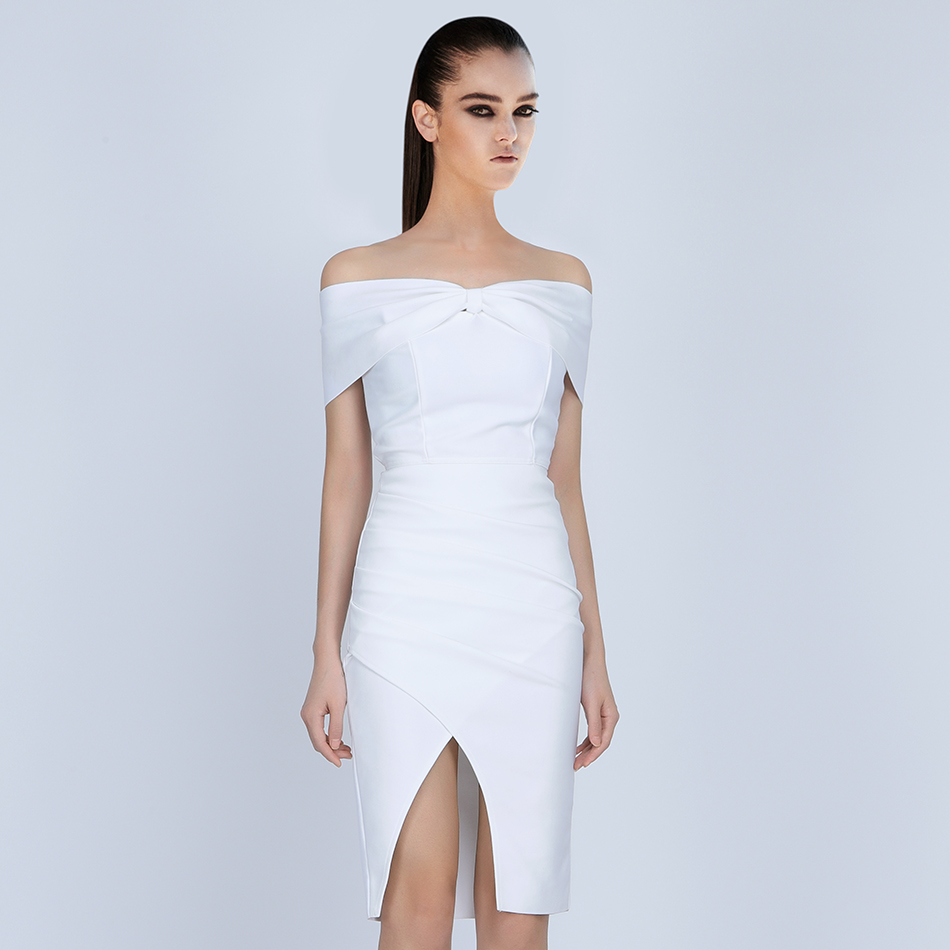   New Summer Women Bandage Dress Vestido White Slash Neck Celebrity Party Dress Elegant Off Shoulder Bodycon Club Dress