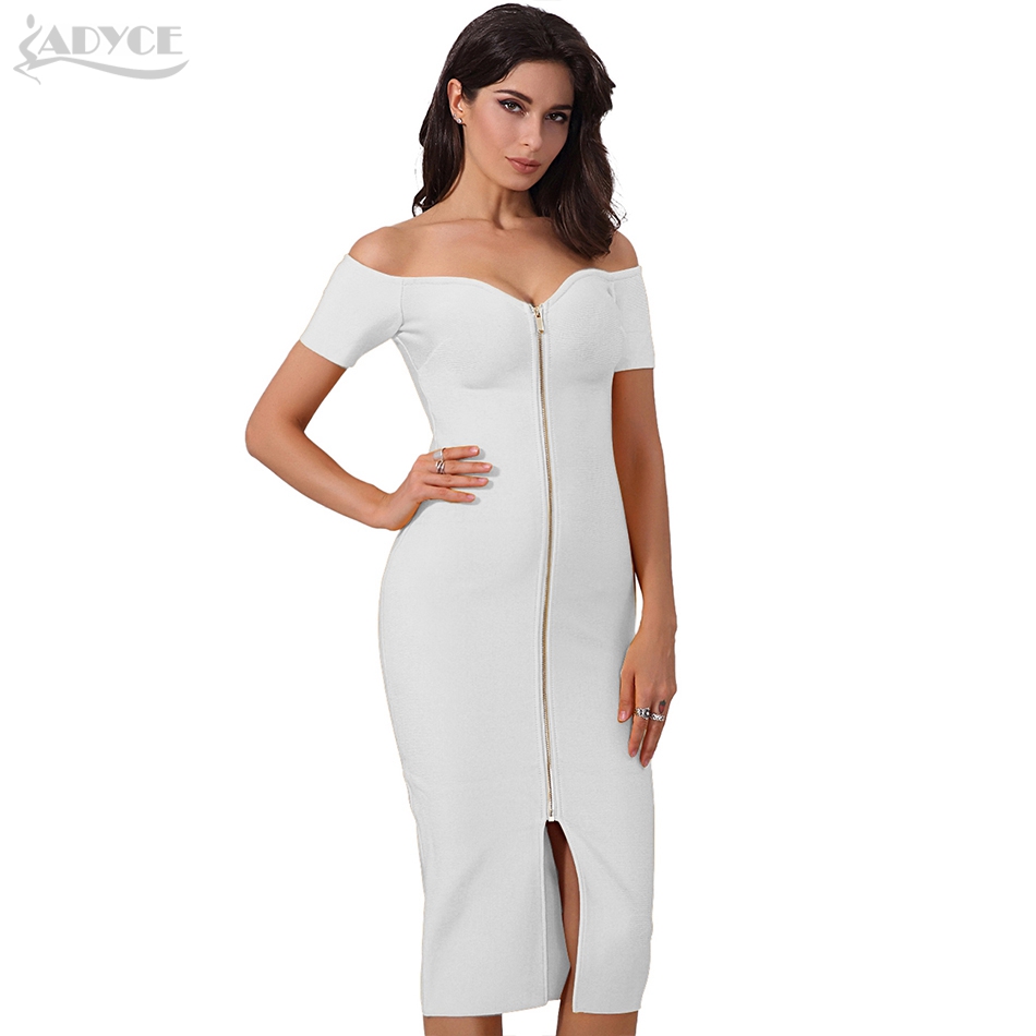   Elegant Woman Bandage Dress Sexy White Off The Shoulder Short Sleeve Zipper Front Both Side wear Bodycon Party Dress