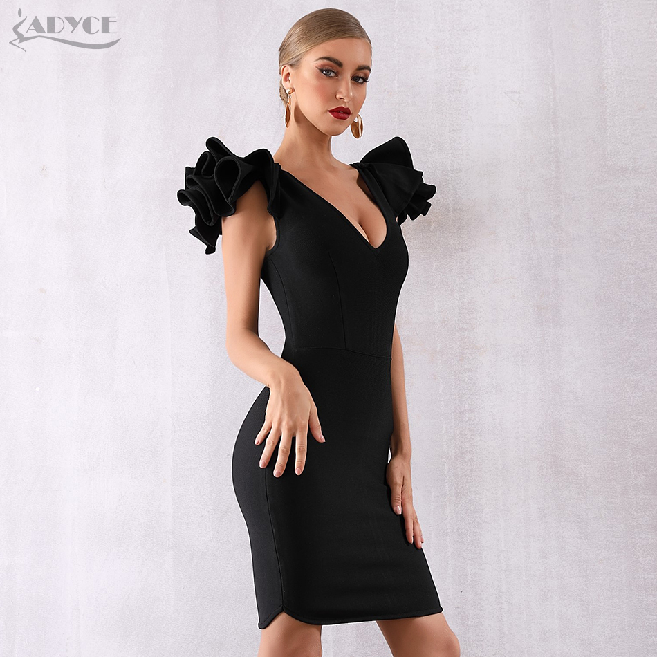   New Arrive Summer Women Celebrity Party Dress Vestido Sexy Black Ruffles Butterfly Sleeve Deep V Bodycon Club Dresses