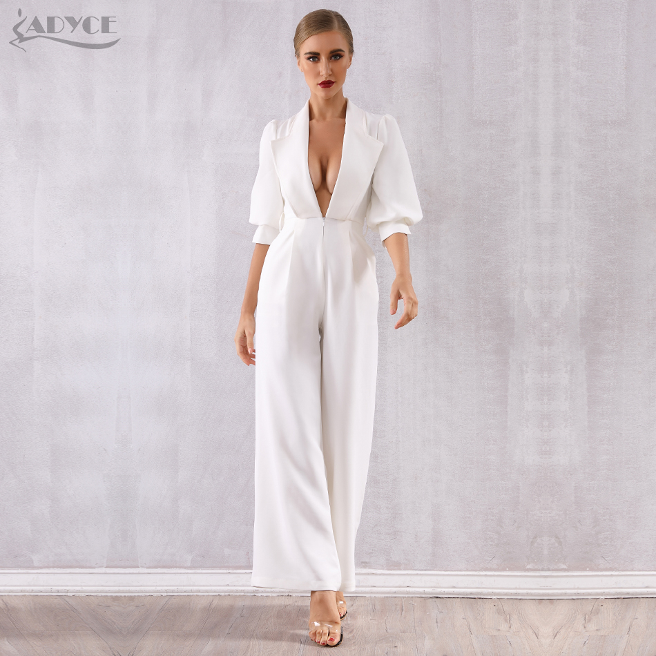   New Celebrity Runway Jumpsuit Women Sexy White Deep V-Neck Long Sleeve Sashes Rompers Jumpsuit Sexy Bodycon Bodysuits