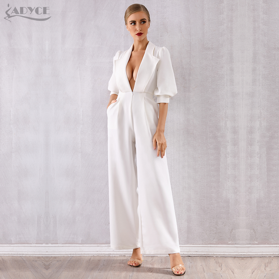   New Celebrity Runway Jumpsuit Women Sexy White Deep V-Neck Long Sleeve Sashes Rompers Jumpsuit Sexy Bodycon Bodysuits