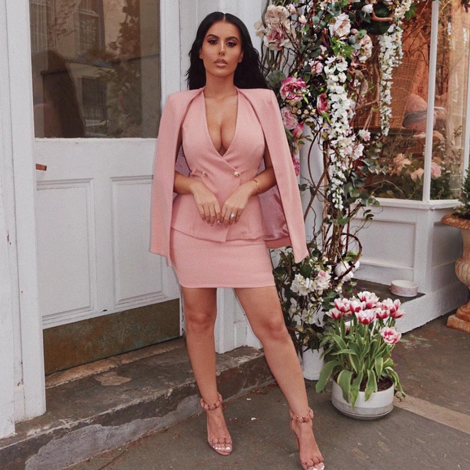   New Autumn Pink Long Sleeve Coat & Skirt 2 Two Pieces Set Sexy Night Out Celebrity Evening Party Elegant Women Sets