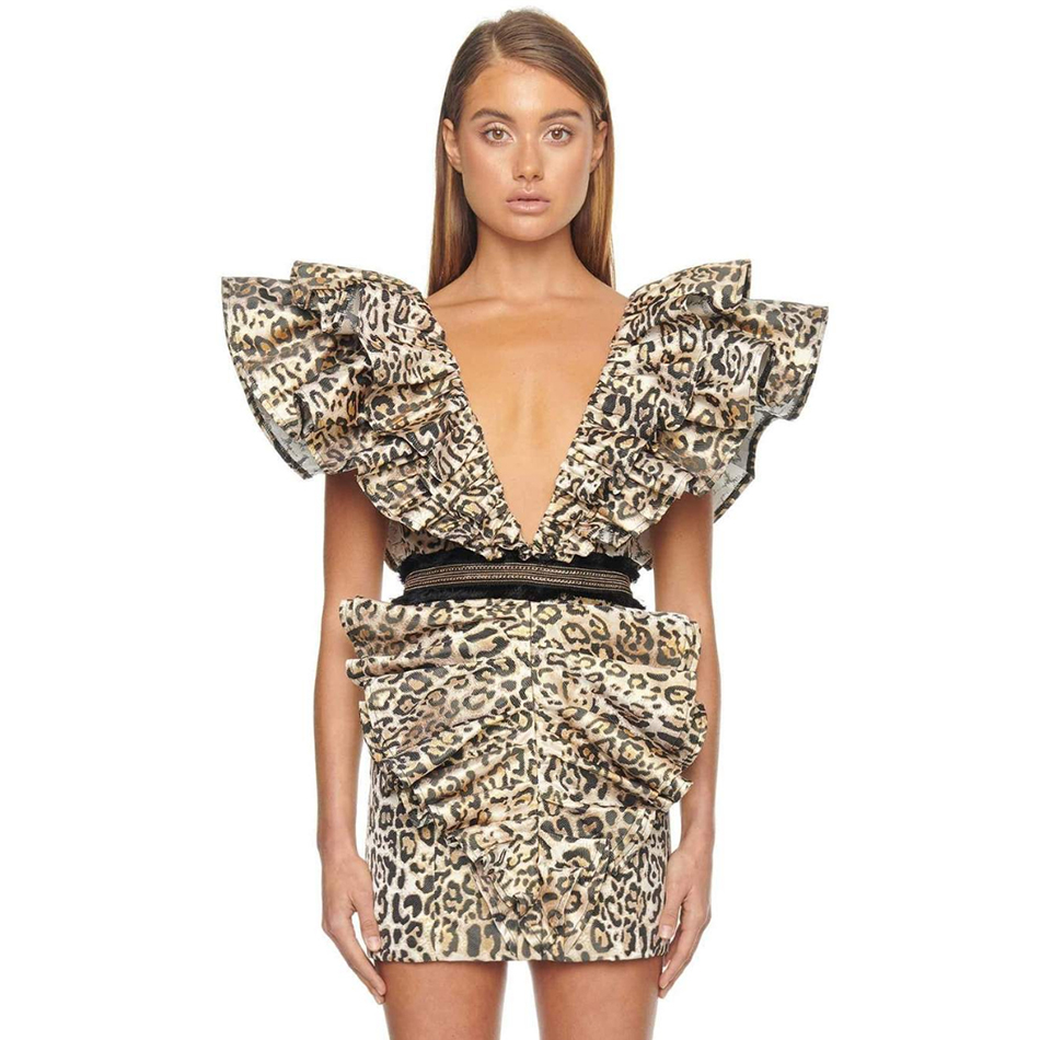   New Summer Butterfly Sleeve Leopard Bodycon Club Dress Women Sexy V Neck Celebrity Evening Runway Party Dress Vestido