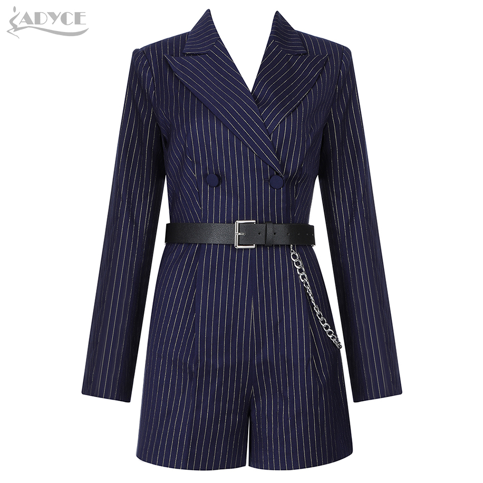   New Autumn Striped Long Sleeve Celebrity Evening Party Short Jumpsuit Romper Sexy V Neck Sash Blue Skinny Club Romper