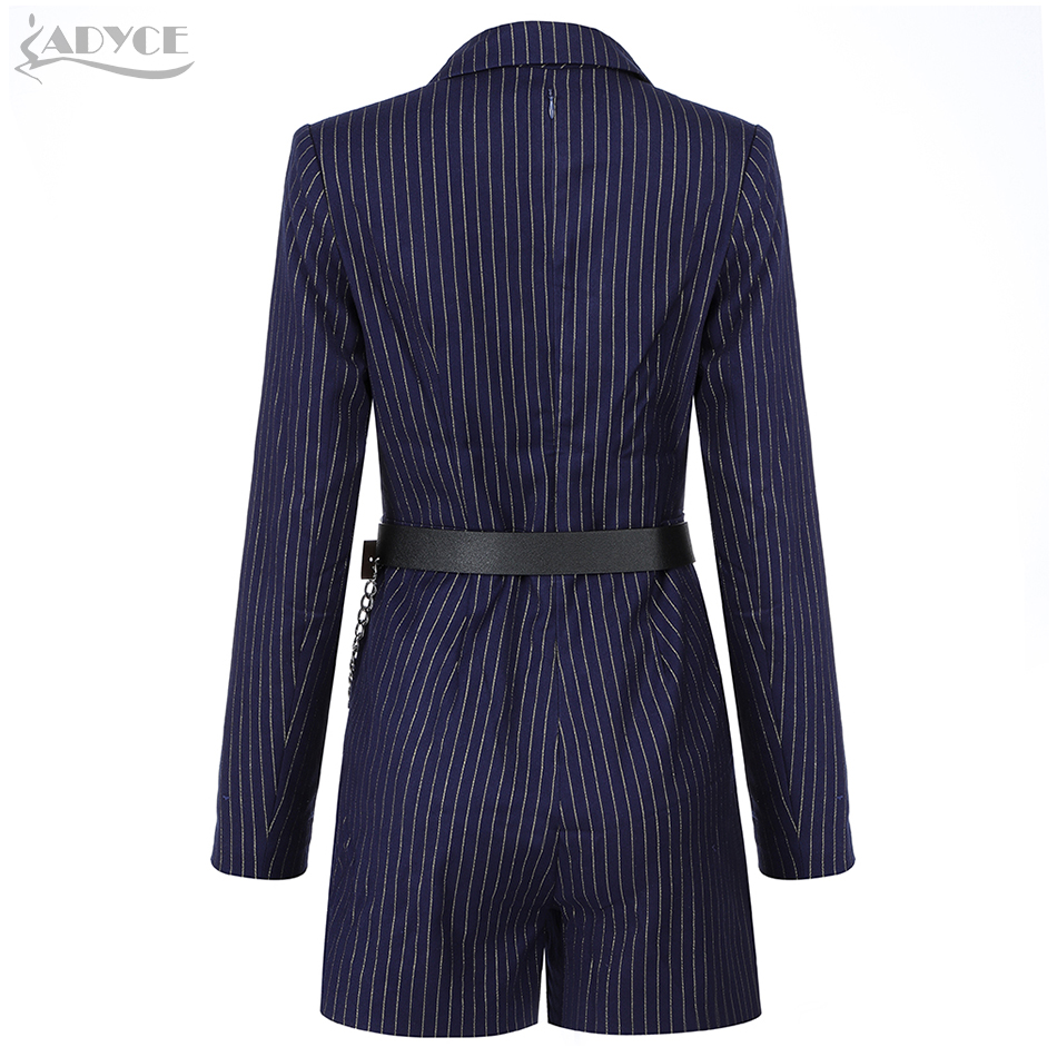   New Autumn Striped Long Sleeve Celebrity Evening Party Short Jumpsuit Romper Sexy V Neck Sash Blue Skinny Club Romper