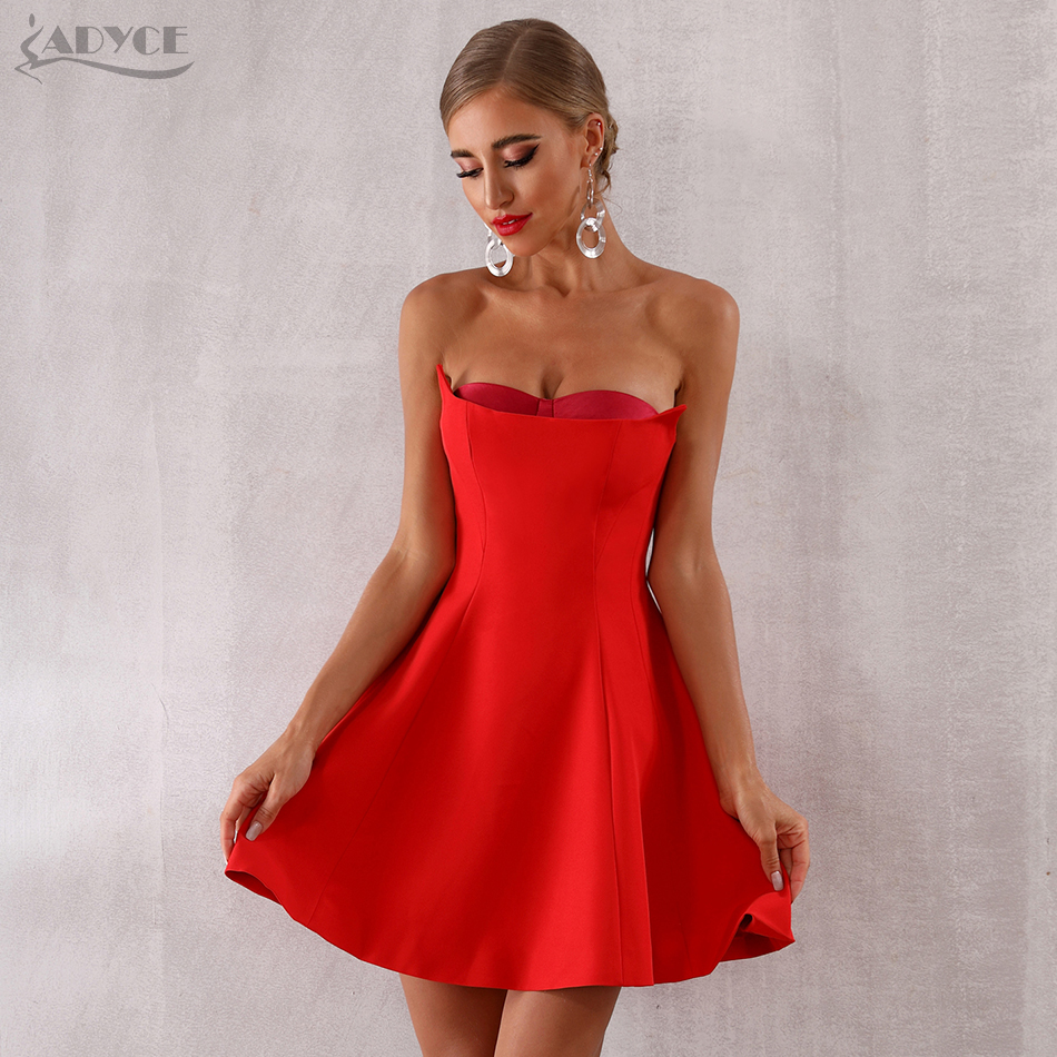   New Summer Elegant Celebrity Evening Party Dress Women Sexy Sleeveless Red Strapless Mini Bodycon Club Dress Vestidos