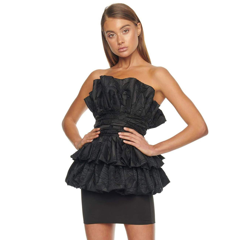   New Summer Black Ruffles Celebrity Evening Runway Party Dress Sexy Strapless Sleeveless Bodycon Club Dresses Vestidos