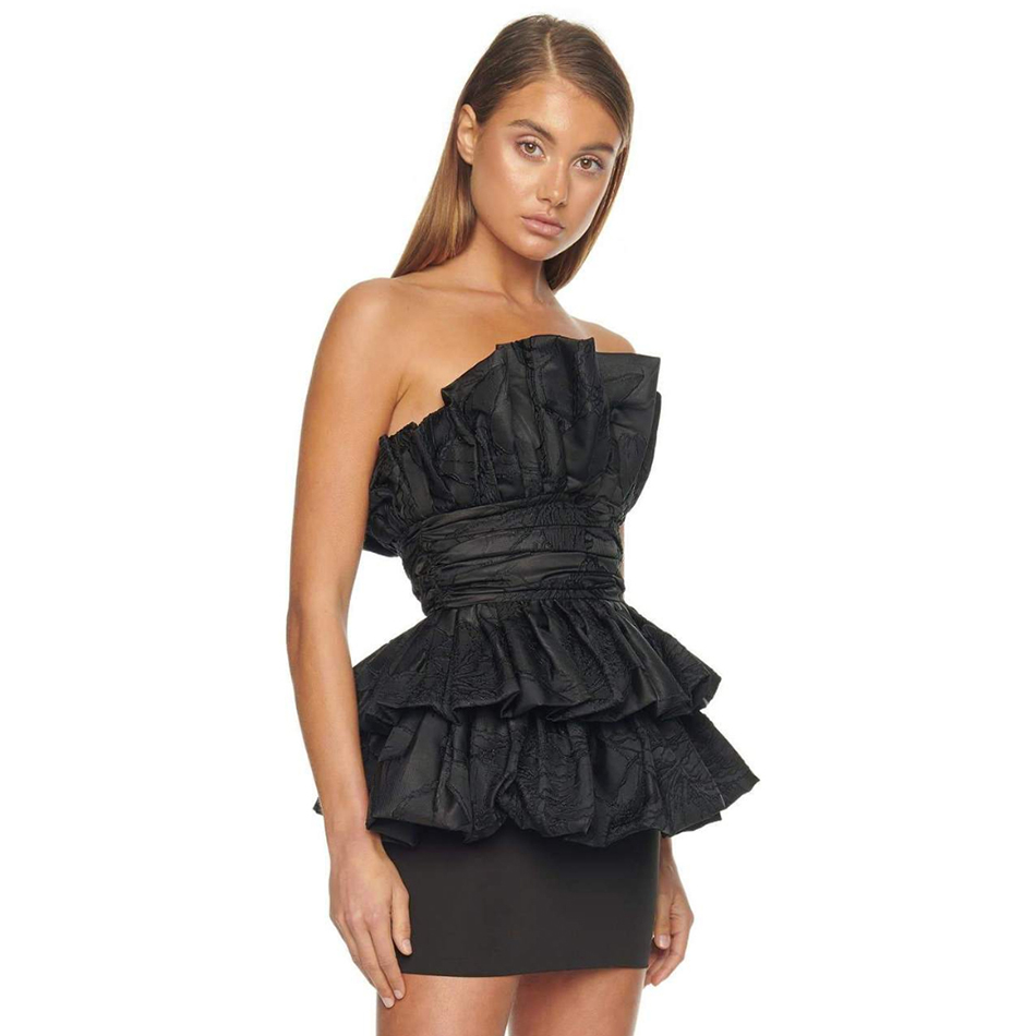  New Summer Black Ruffles Celebrity Evening Runway Party Dress Sexy Strapless Sleeveless Bodycon Club Dresses Vestidos