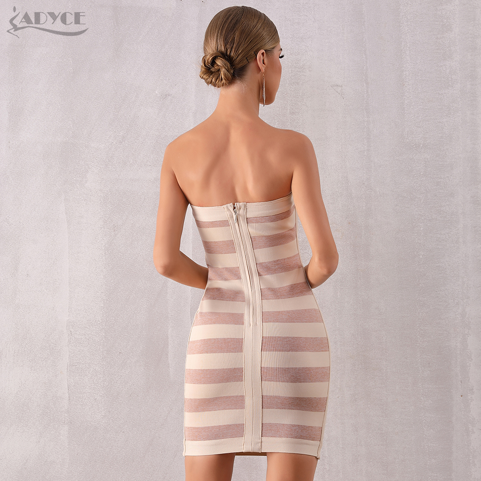   New Summer Women Runway Bandage Dress Sexy Sleeveless Strapless Striped Bodycon Club Celebrity Evening Party Dresses