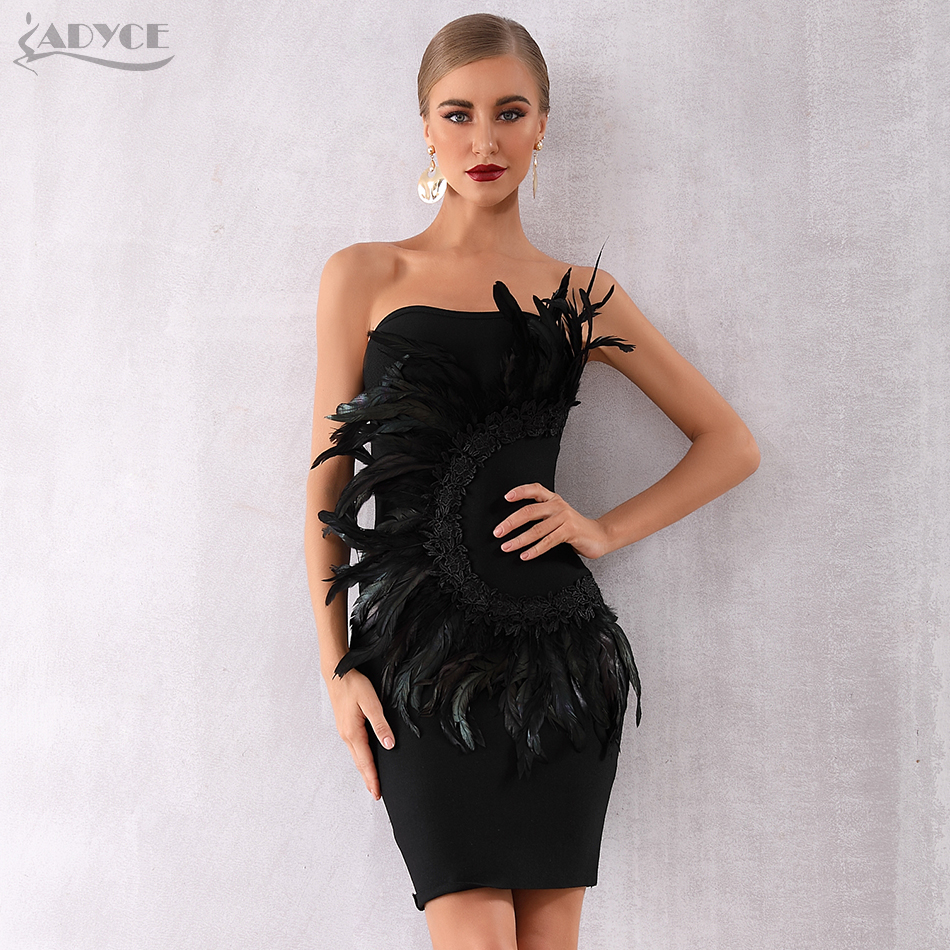   New Summer Women Celebrity Evening Party Dress Vestidos Sexy Black Feathers Sleeveless Strapless Bodycon Club Dress