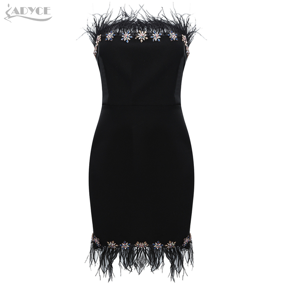   New Summer Black Feather Bandage Dress Women Sexy Strapless Luxury Diamond Celebrity Evening Party Club Dress Vestido