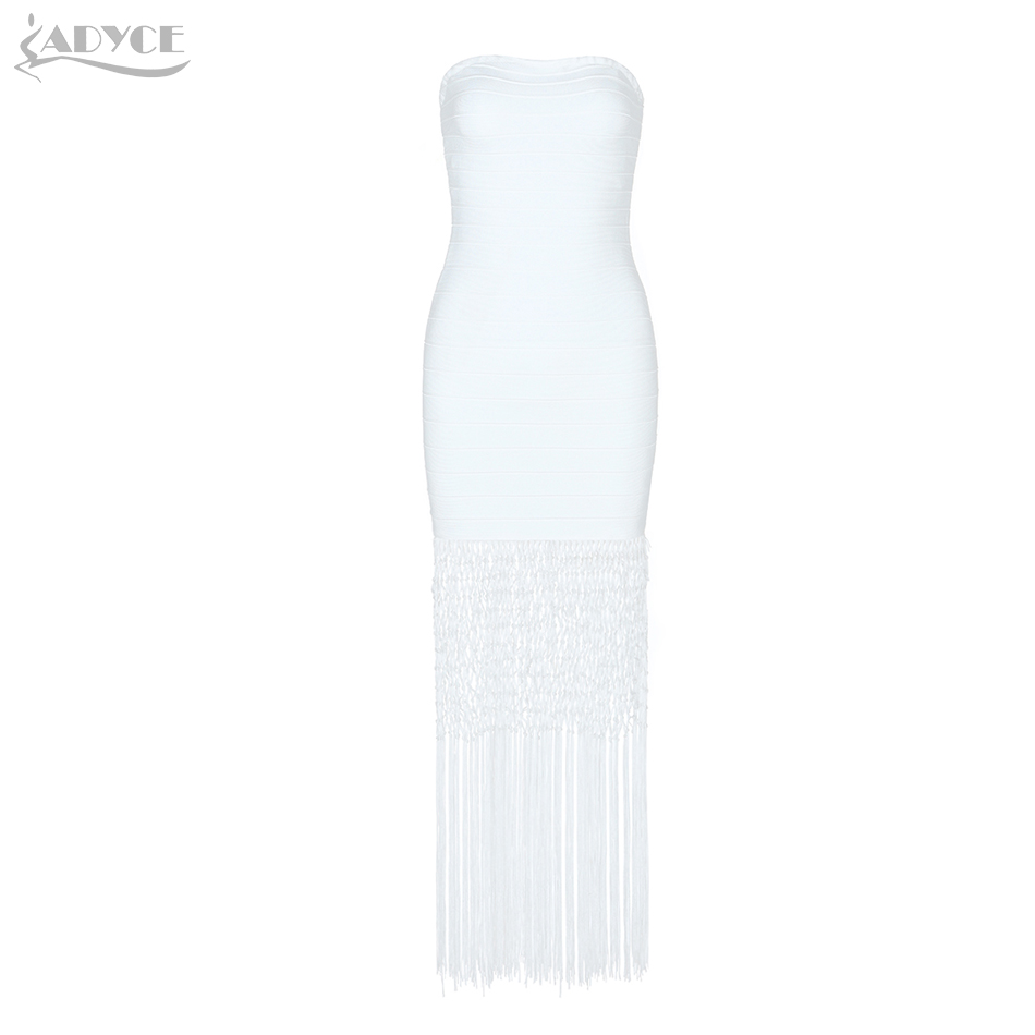   New Summer Bodycon Bandage Dress Women Vestidos White Tassel Strapless Maxi Club Dress Celebrity Evening Party Dress