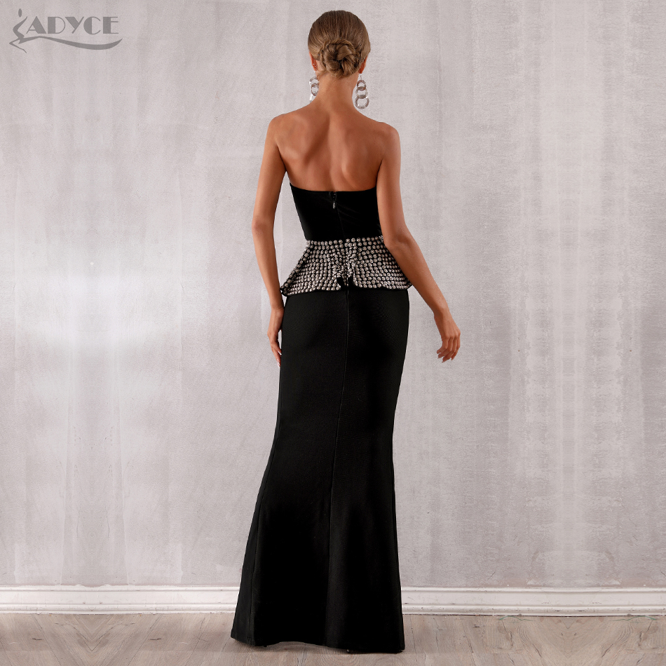   New Summer Bodycon Bandage Dress Women Vestidos Black Strapless Maxi Club Dress Beading Celebrity Evening Party Dress
