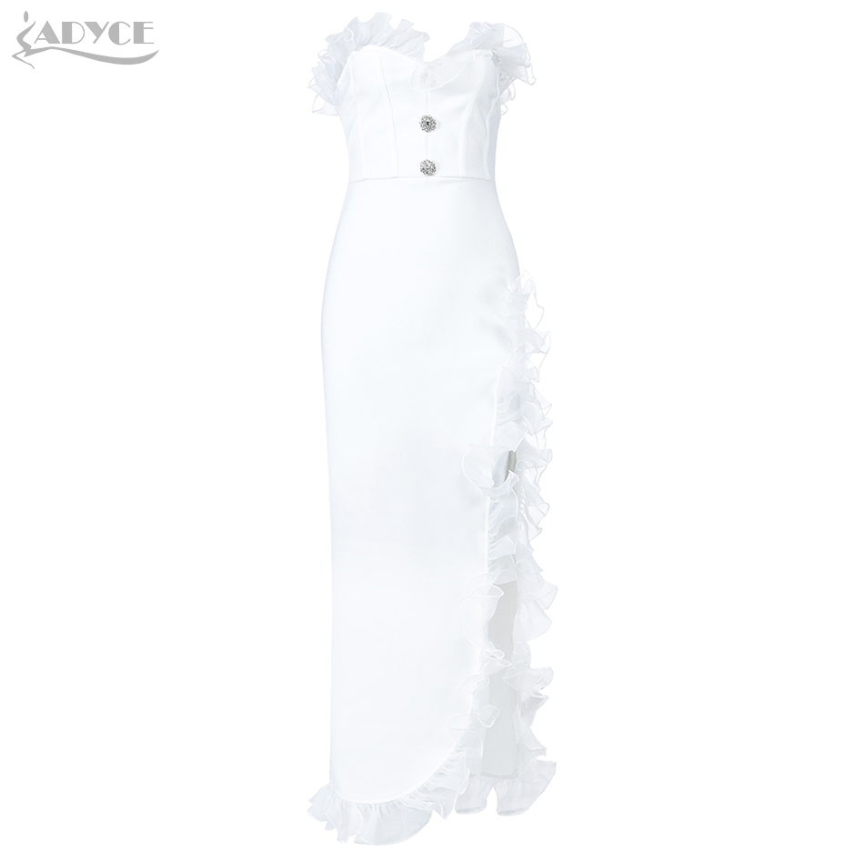   New Summer White Strapless Bandage Dress Women Sexy Sleeveless Ruffles Club Celebrity Evening Party Dresses Vestidos