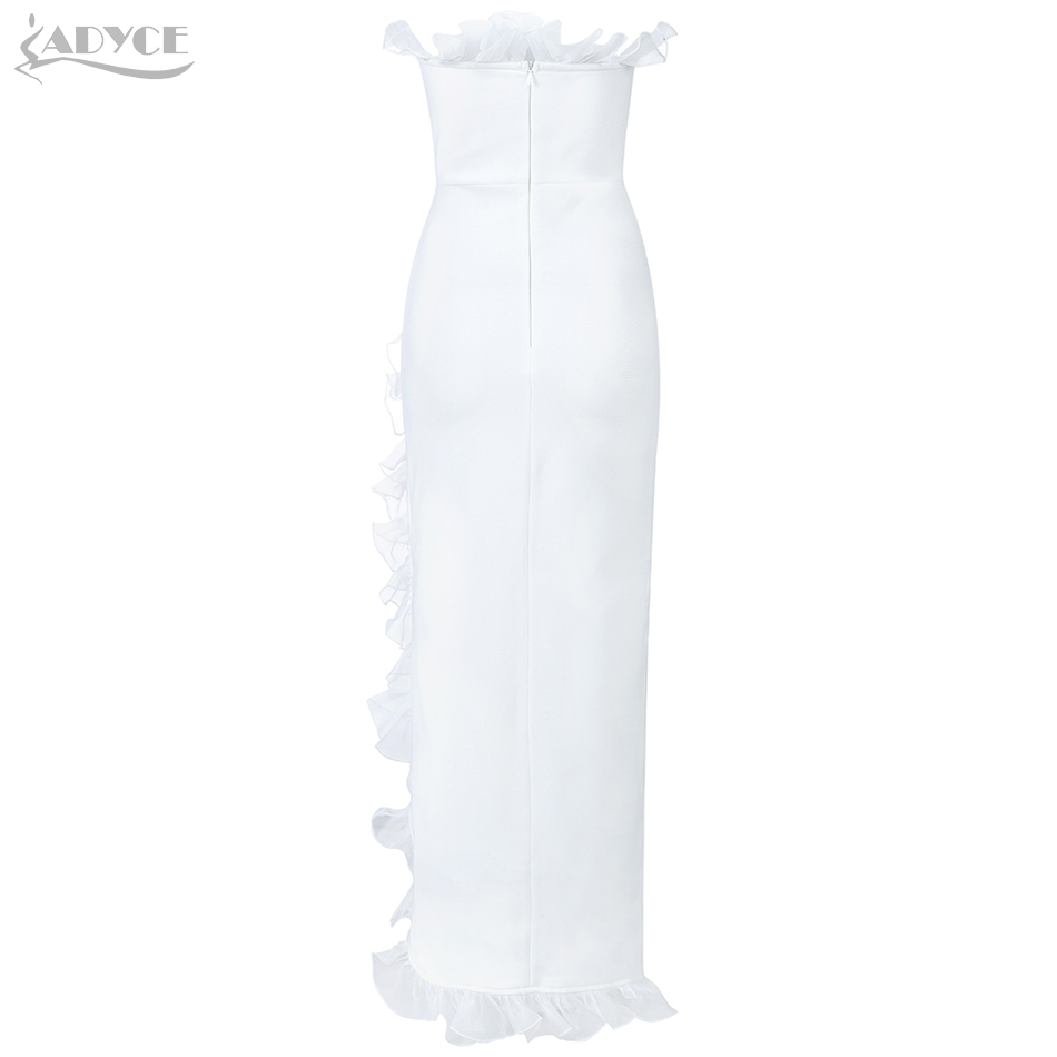   New Summer White Strapless Bandage Dress Women Sexy Sleeveless Ruffles Club Celebrity Evening Party Dresses Vestidos