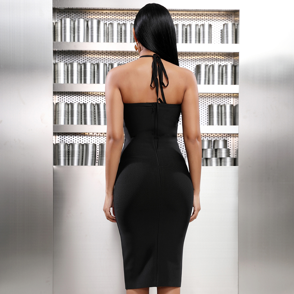   New Summer Women Strapless Bandage Dress Sexy Halter Hollow Out Black Bodycon Club Midi Celebrity Evening Party Dress