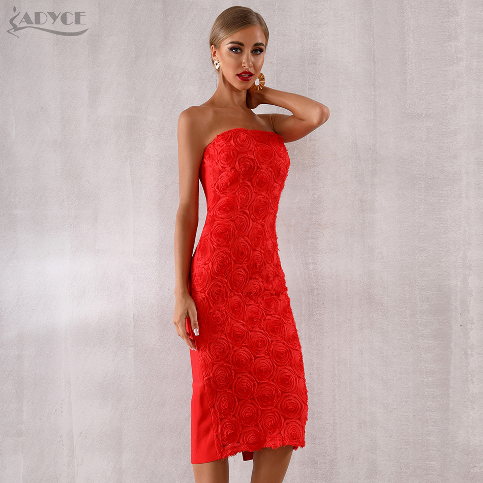  Bodycon Bandage Dress Women Vestidos  New Summer Strapless Black Red Floral Lace Club Dress Maxi Celebrity Party Dress