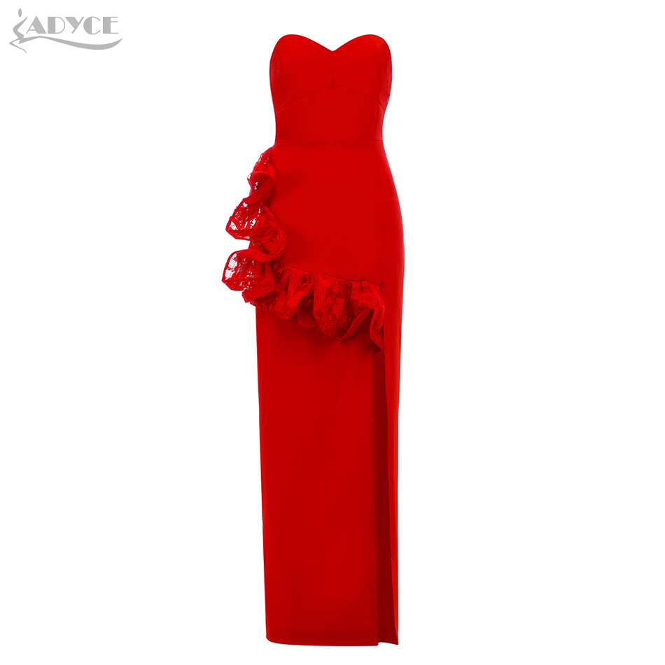   New Arrivals Red Sexy Lace Bodycon Celebrity Evening Party Dress Women Elegant Strapless Ruffles Club Dress Vestidos