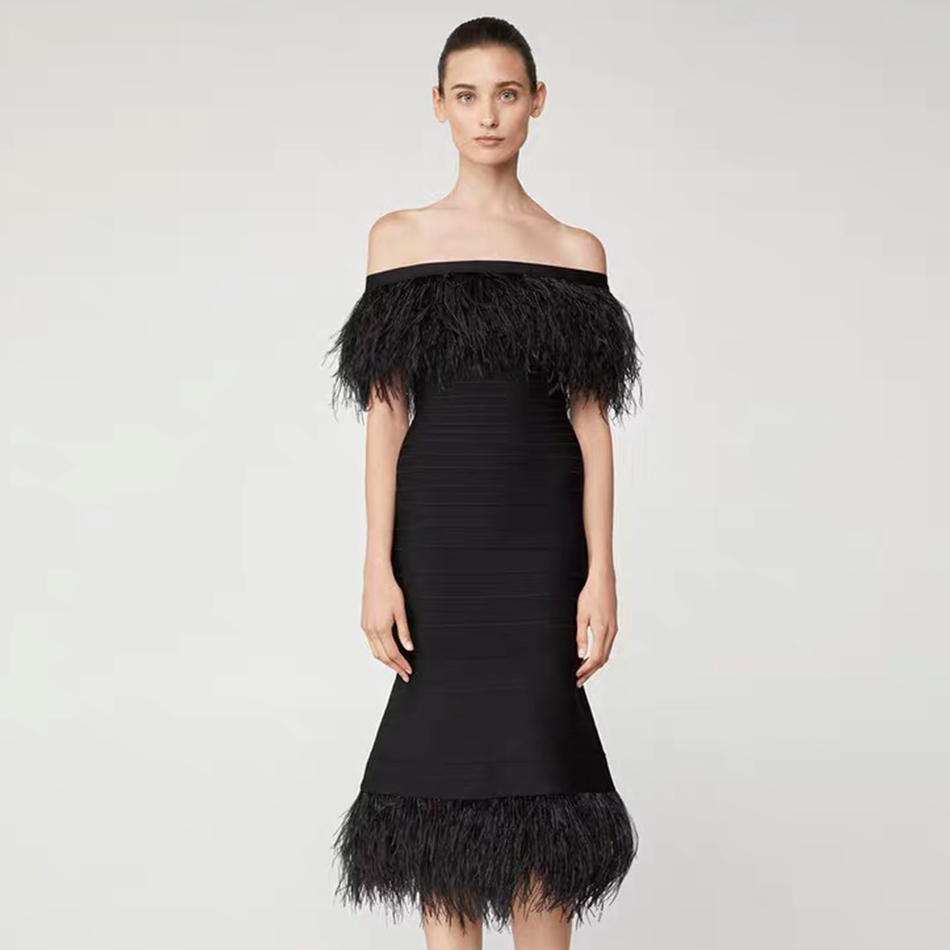   New Women Bandage Dress Sleeveless Black Feather Off Shoulder Club Dress Vestido Luxury Celebrity Evening Party Dress