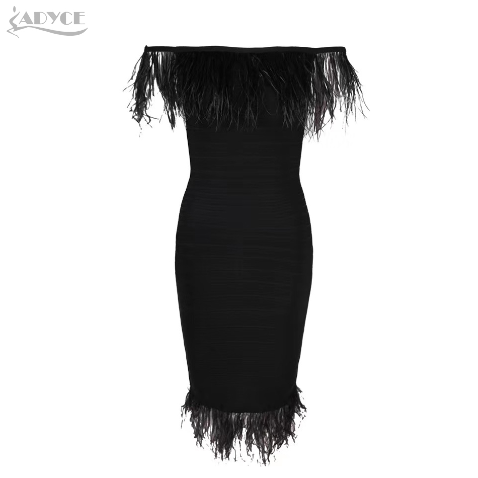   New Women Bandage Dress Sleeveless Black Feather Off Shoulder Club Dress Vestido Luxury Celebrity Evening Party Dress
