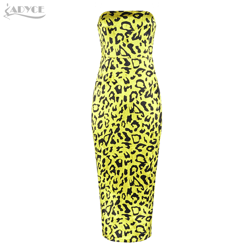   New Summer Sexy Leopard Celebrity Evening Party Dress Women Strapless Sleeveless Yellow Bodycon Club Dress Vestidos