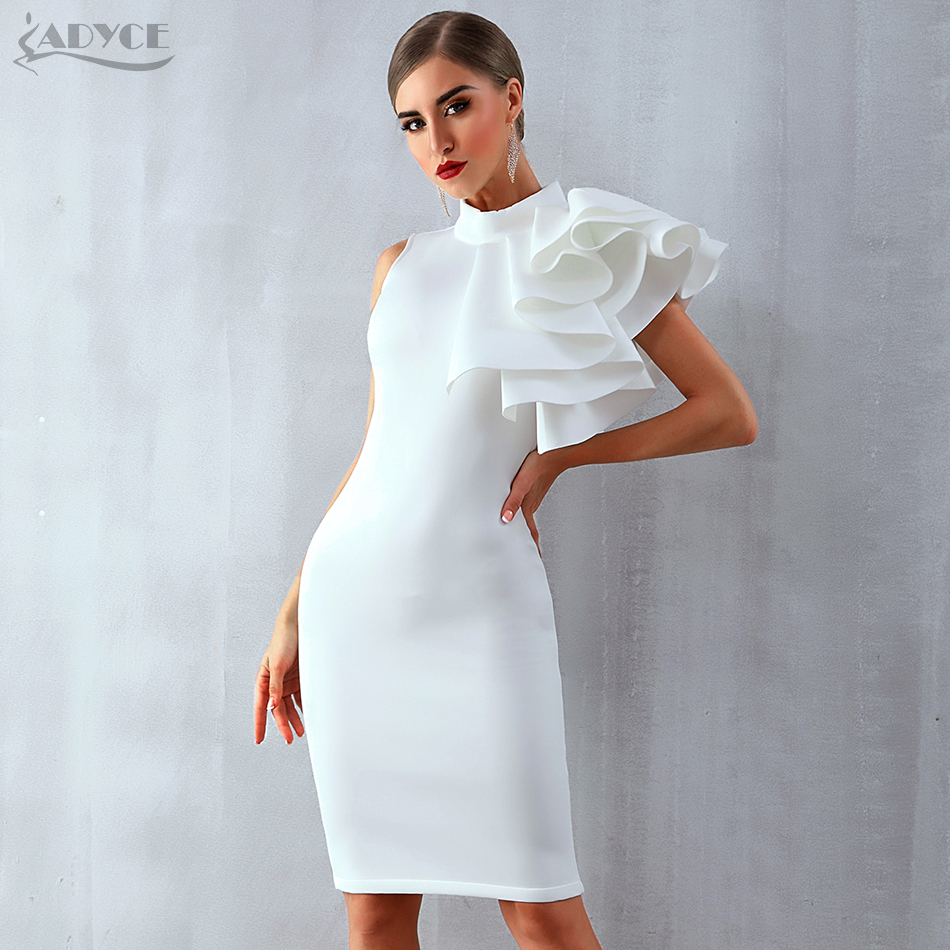   New Summer Women Celebrity Runway Party Dress Vestido Sexy White Red Sleeveless Ruffles Bodycon Midi Night Club Dress