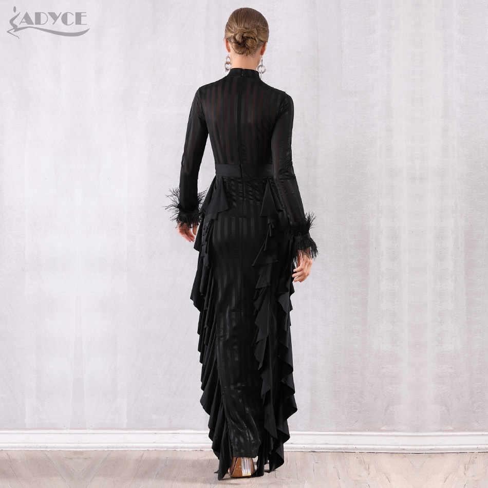  Maxi Women Ruffles Bodycon Celebrity Party Dress Vestidos Verano  Sexy Long Sleeve Lace Pearls Lace Feather Club Dress