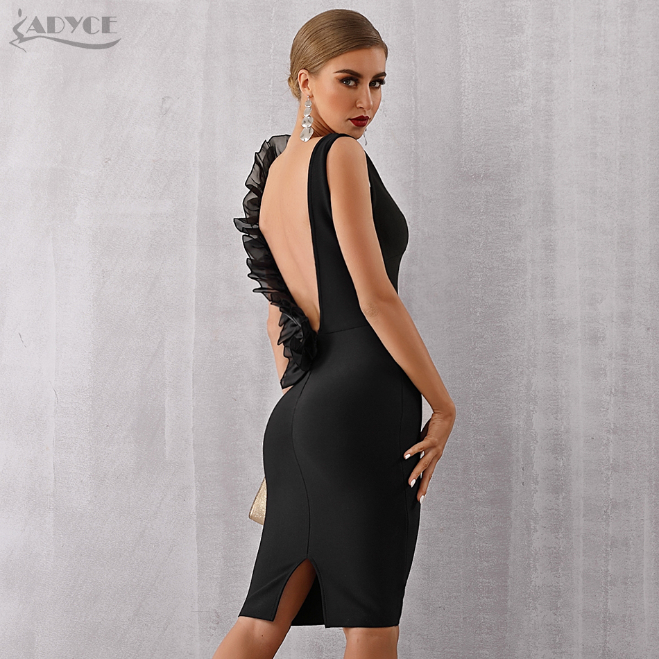   New Summer Black Bodycon Bandage Dress Women Sexy V-Neck Ruffles Mesh Backless Vestidos Celebrity Evening Party Dress