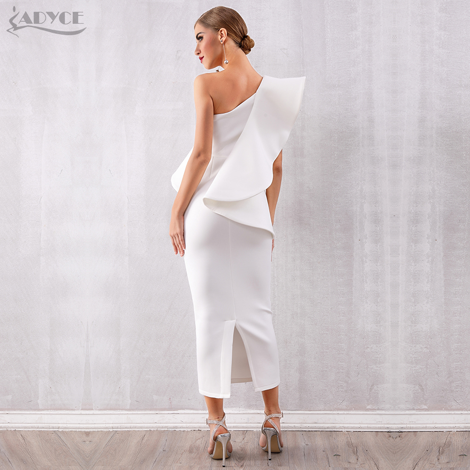  Summer Women White Celebrity Runway Party Dress Vestidos  Sexy Sleeveless Ruffles One Shoulder Maxi Bodycon Club Dress