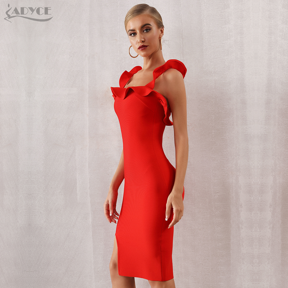   New Summer Red Bandage Dress Women Sexy Sleeveless Spaghetti Strap Ruffles Club Vestido Celebrity Runway Party Dress