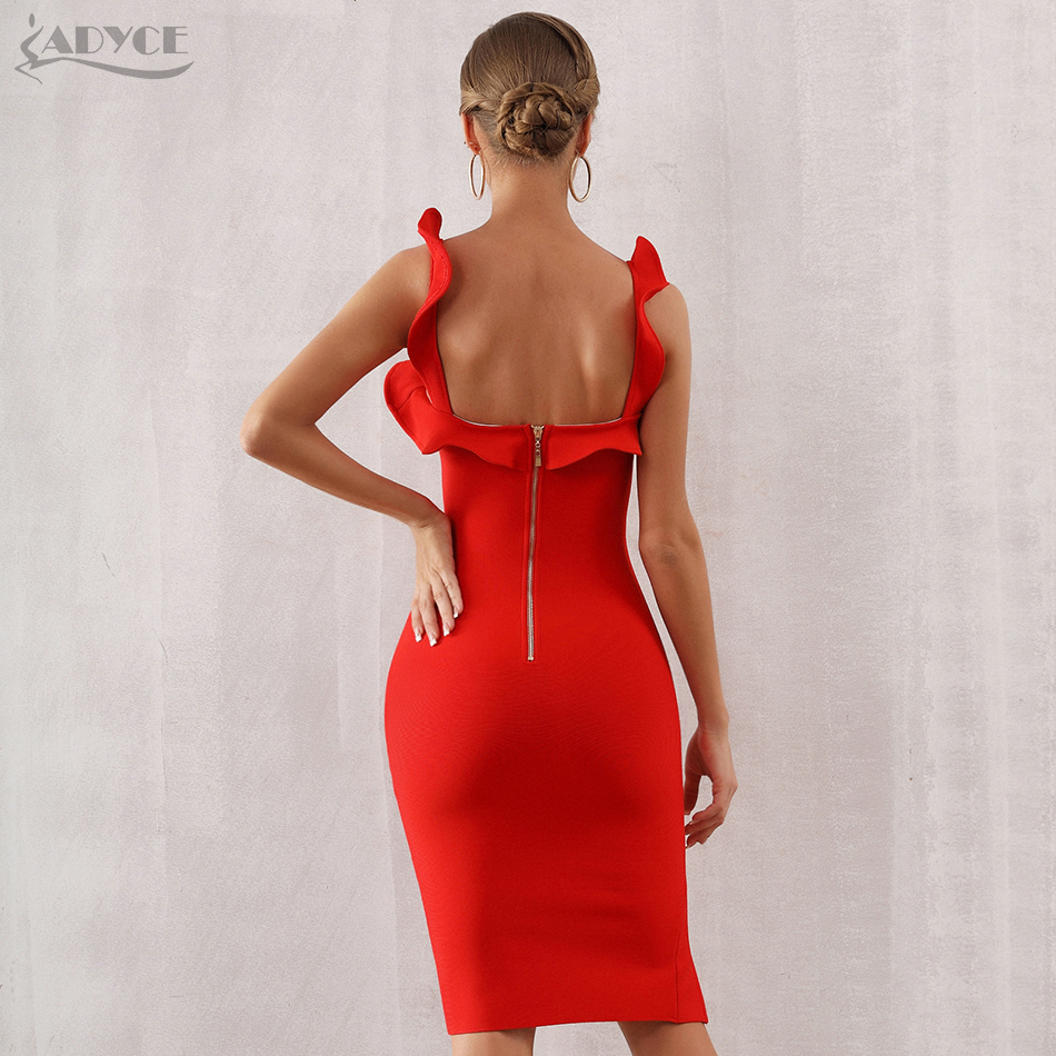   New Summer Red Bandage Dress Women Sexy Sleeveless Spaghetti Strap Ruffles Club Vestido Celebrity Runway Party Dress