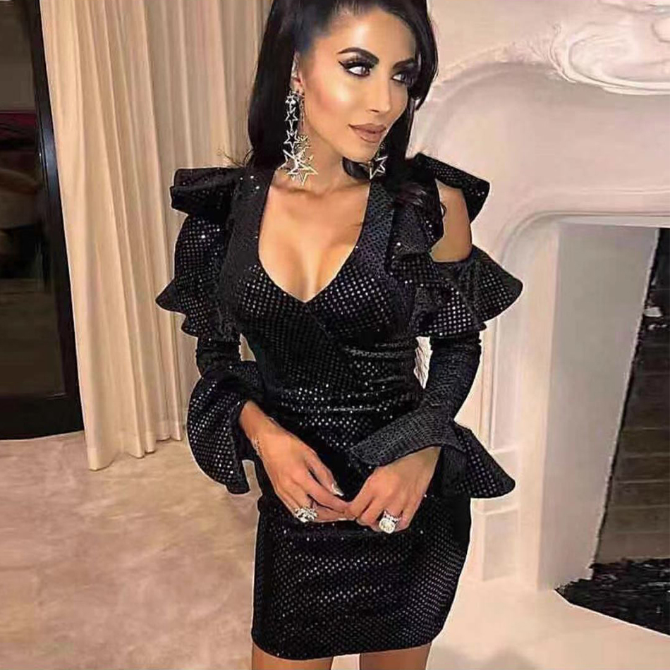   New Autumn Women Celebrity Party Dress Vestidos Sexy Deep V Neck Black Ruffles Mini Flare Sleeve Bodycon Club Dresses