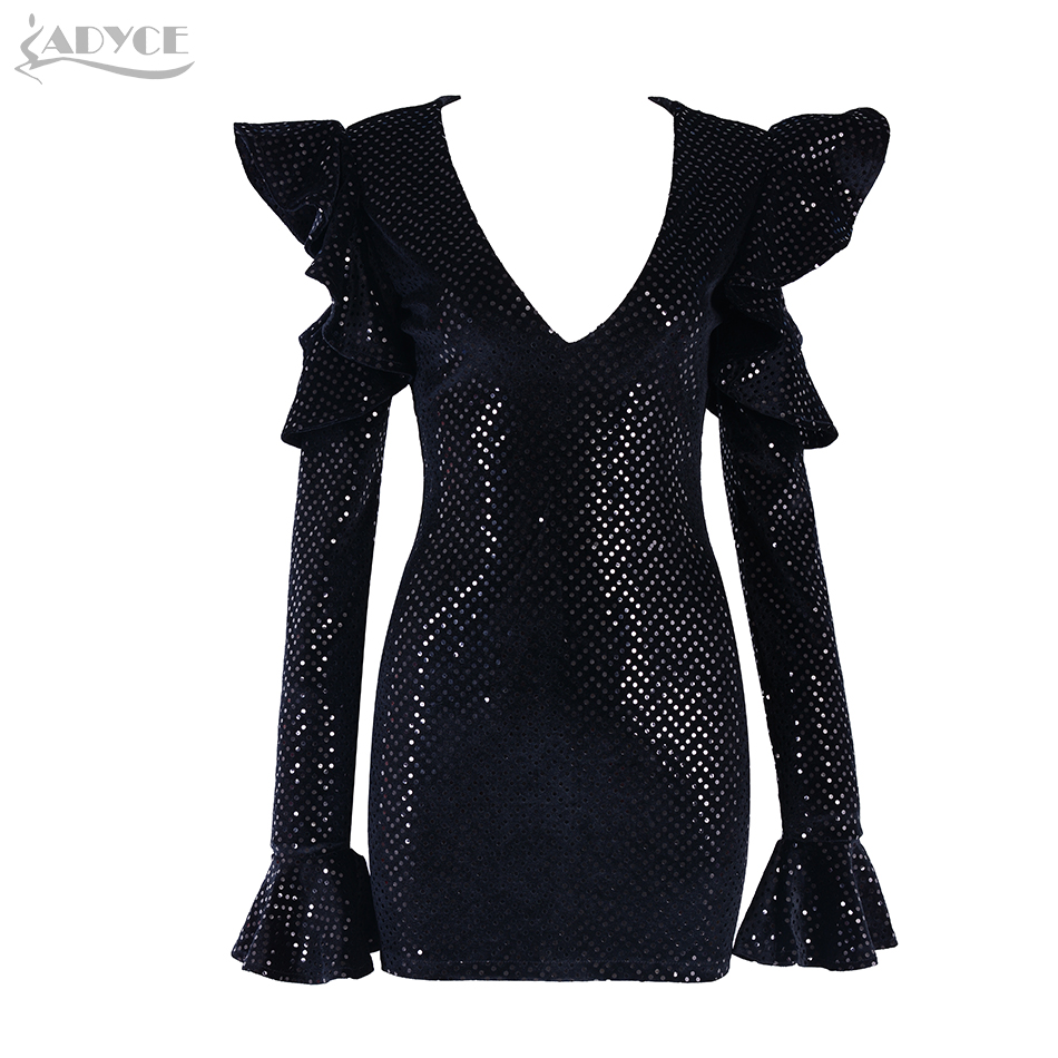   New Autumn Women Celebrity Party Dress Vestidos Sexy Deep V Neck Black Ruffles Mini Flare Sleeve Bodycon Club Dresses