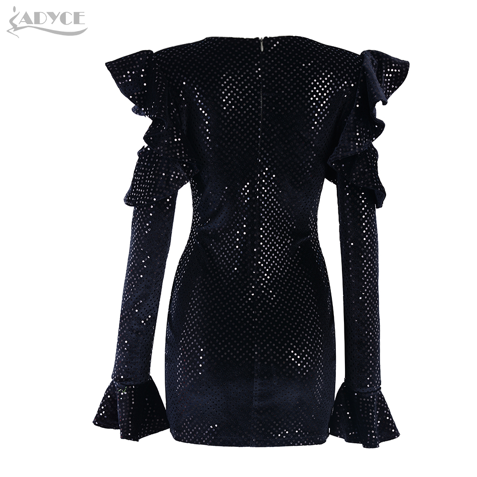   New Autumn Women Celebrity Party Dress Vestidos Sexy Deep V Neck Black Ruffles Mini Flare Sleeve Bodycon Club Dresses