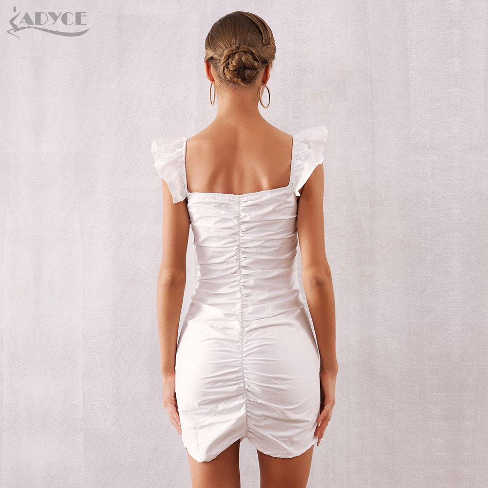   New Summer Women White Celebrity Party Dress Sexy Spaghetti Strap Hollow Out Ruffles Lace Up Mini Club Dress Vestidos