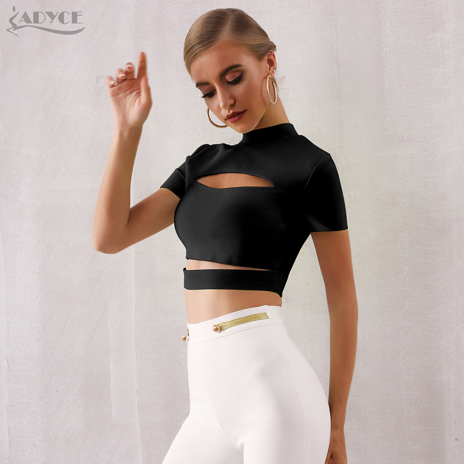   New Summer Women Bandage Top and Blouses Sexy Tight Lady Hollow Out Short Sleeve Solid Green Black Tank Crop Tops