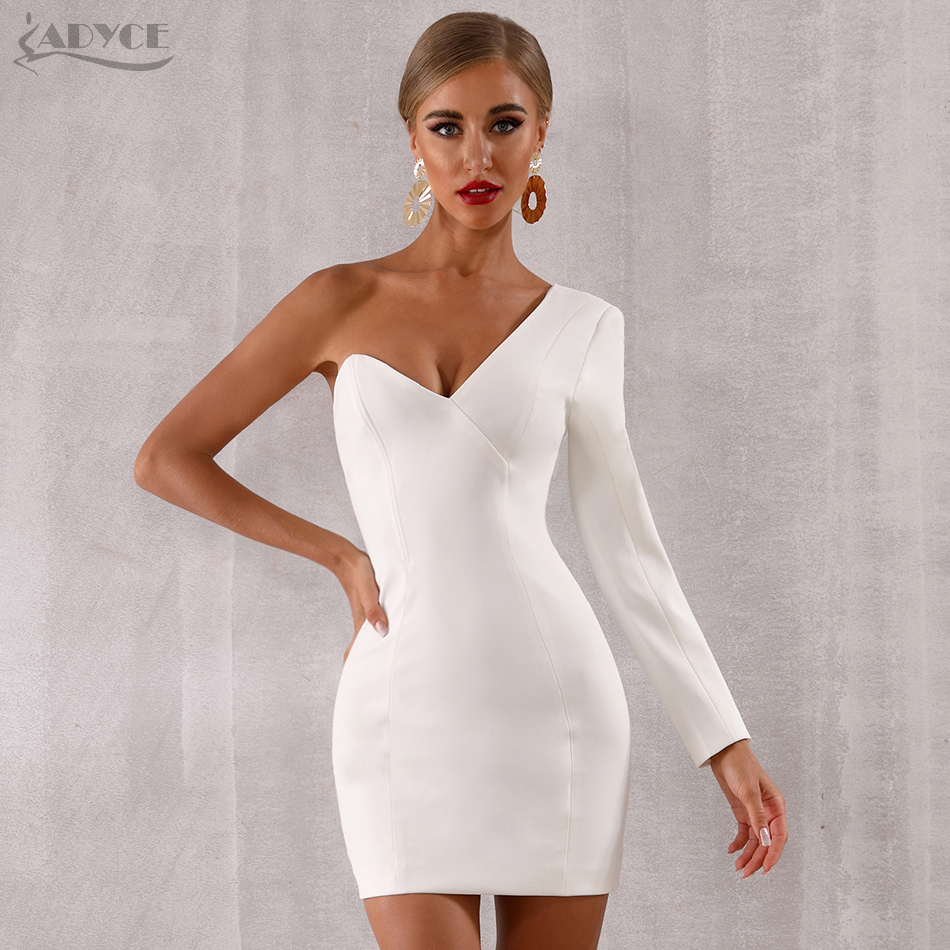   New Autumn Women White One Shoulder Celebrity Evening Party Dress Sexy Long Sleeve Runway Bodycon Club Dress Vestidos