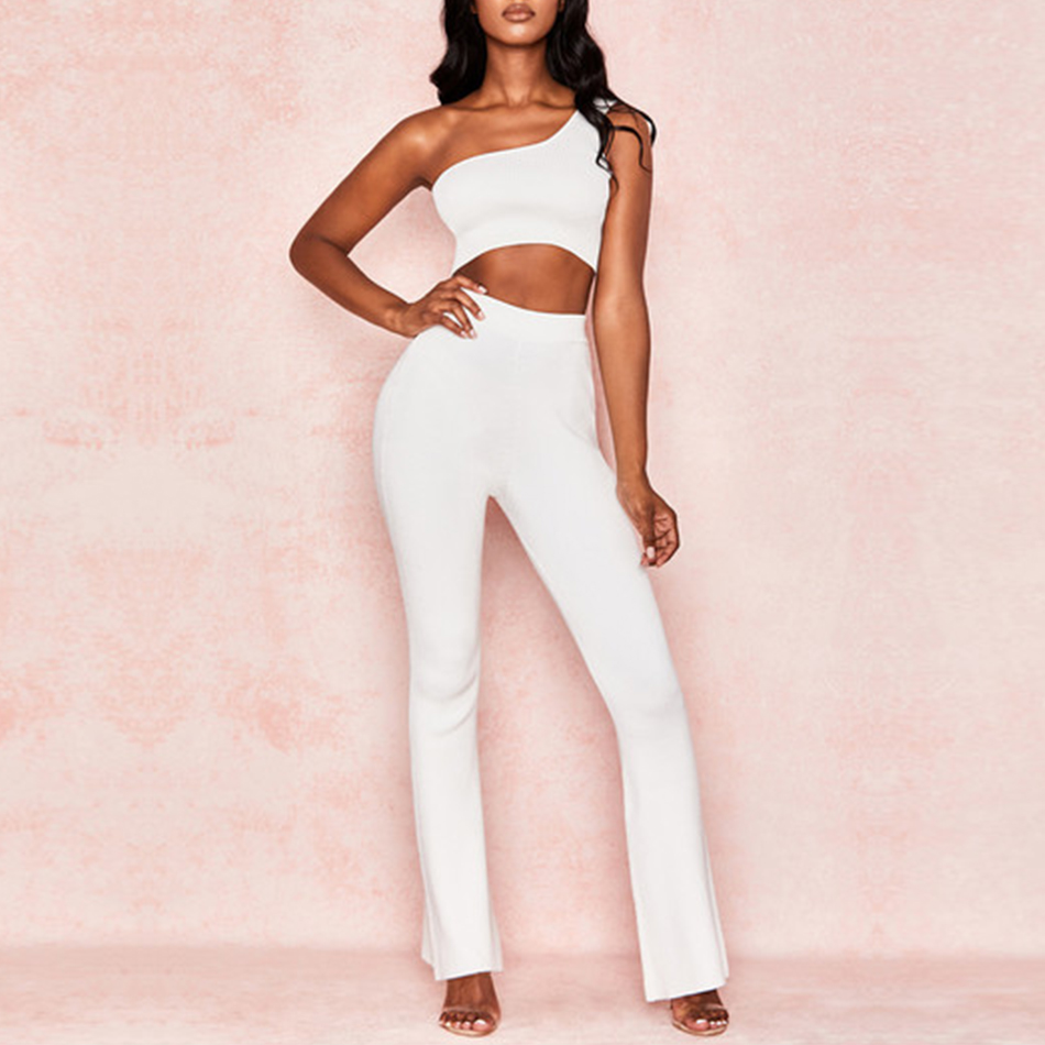   New Summer Women Club Bandage Set White Top&Pant 2 Two Pieces Set One Shoulder Sleeveless Celebrity Evening Party Set