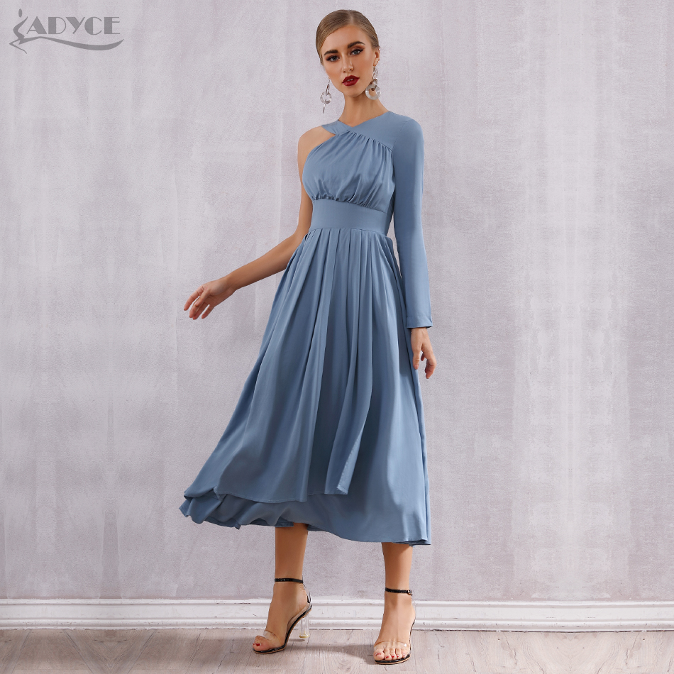   New Summer Celebrity Evening Party Dress Women Vestidos Sexy One Shoulder Long Sleeve Pleated Hot Bodycon Club Dress