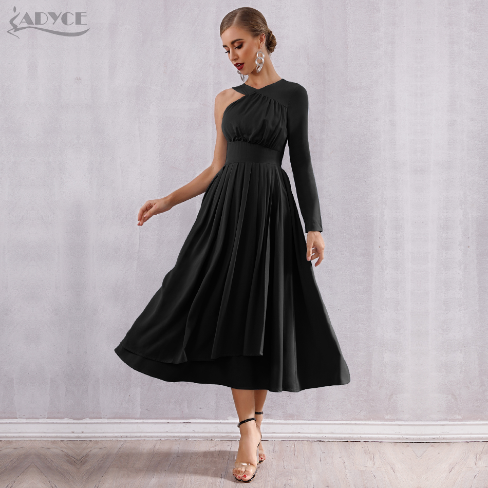   New Summer Celebrity Evening Party Dress Women Vestidos Sexy One Shoulder Long Sleeve Pleated Hot Bodycon Club Dress