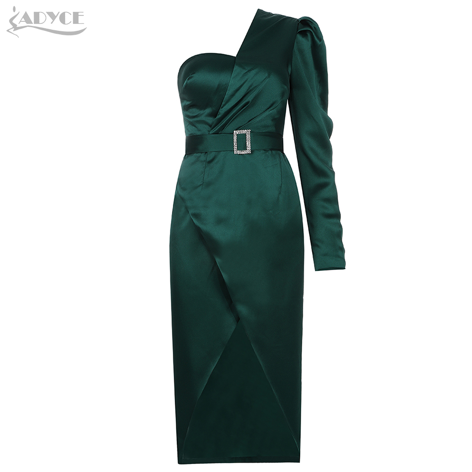   New Autumn Women Green One Shoulder Celebrity Evening Party Dress Vestido Sexy Strapless Sash Long Sleeve Club Dress